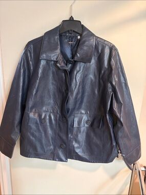 Chico's Dark Navy Faux Leather Button Jacket